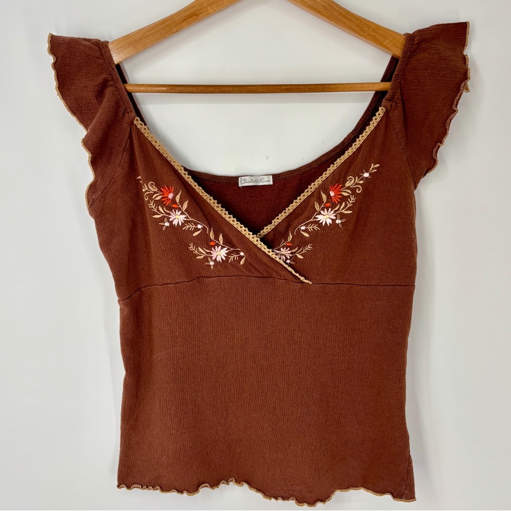 Vintage Y2K Charlotte Russe Babydoll Top Large Brown Fairy Grunge Lettuce Hem
